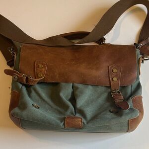 Brown and Green Canvas and Leather Men's Messenger Bag with Laptop Pocket.